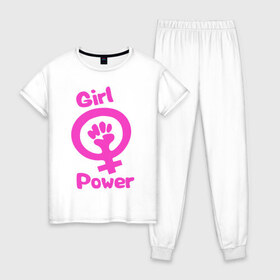 Женская пижама хлопок с принтом Girl Power , 100% хлопок | брюки и футболка прямого кроя, без карманов, на брюках мягкая резинка на поясе и по низу штанин | женская | за баб | кулак | начало | независимость | сила | феминизм | энергия