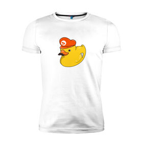 Мужская футболка премиум с принтом DUCKrio , 92% хлопок, 8% лайкра | приталенный силуэт, круглый вырез ворота, длина до линии бедра, короткий рукав | duck | duckpack | game | gamer | желтый | игра | марио | милый | усы | утенок | утка