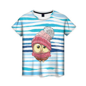 Женская футболка 3D с принтом Сова в шапке , 100% полиэфир ( синтетическое хлопкоподобное полотно) | прямой крой, круглый вырез горловины, длина до линии бедер | глазастик | звездочки | зима | зимняя | лапки | маленькая | милая | милый | птенец | птичка | пушистик | сердечки | сова | совенок | совушка | шапка