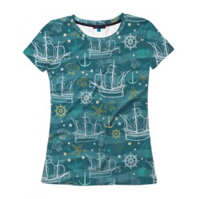 Женская футболка 3D с принтом Парусники , 100% полиэфир ( синтетическое хлопкоподобное полотно) | прямой крой, круглый вырез горловины, длина до линии бедер | inhabitants | sailboats | sails | sea | she | ships | вода | волны | графика | звезды | изумрудный | иллюстрация | картинка | корабли | мода | море | морские | обитатели | океан | орнамент | паруса | парусники | полосы