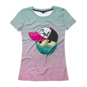 Женская футболка 3D с принтом Совенок в бейсболке , 100% полиэфир ( синтетическое хлопкоподобное полотно) | прямой крой, круглый вырез горловины, длина до линии бедер | 