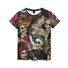 Женская футболка 3D с принтом Мексиканская Вечеринка , 100% полиэфир ( синтетическое хлопкоподобное полотно) | прямой крой, круглый вырез горловины, длина до линии бедер | party | амиго | маракасы | мексика | мехико | скелет | сомбреро | текила | черепа
