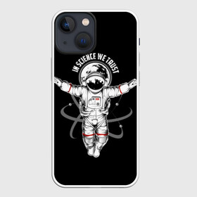 Чехол для iPhone 13 mini с принтом In science we trust ,  |  | background | believe | black | cosmonaut | drawing | earth | flight | graphics | illustration | in | picture | planet | science | space | text | we | атомы | в | верим | графика | земля | иллюстрация | картинка | космонавт | космос | мы | надпись | наука 