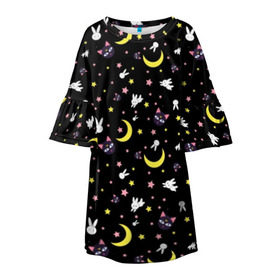 Детское платье 3D с принтом Sailor Moon Pattern , 100% полиэстер | прямой силуэт, чуть расширенный к низу. Круглая горловина, на рукавах — воланы | аниме | детский | зайчик | зая | звезды | кролик | луна в матроске | матросска | месяц | милота | милый | небо | паттерн | сейлор мун | черный