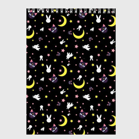 Скетчбук с принтом Sailor Moon Pattern , 100% бумага
 | 48 листов, плотность листов — 100 г/м2, плотность картонной обложки — 250 г/м2. Листы скреплены сверху удобной пружинной спиралью | Тематика изображения на принте: аниме | детский | зайчик | зая | звезды | кролик | луна в матроске | матросска | месяц | милота | милый | небо | паттерн | сейлор мун | черный