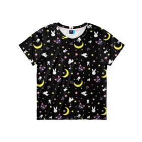 Детская футболка 3D с принтом Sailor Moon Pattern , 100% гипоаллергенный полиэфир | прямой крой, круглый вырез горловины, длина до линии бедер, чуть спущенное плечо, ткань немного тянется | аниме | детский | зайчик | зая | звезды | кролик | луна в матроске | матросска | месяц | милота | милый | небо | паттерн | сейлор мун | черный