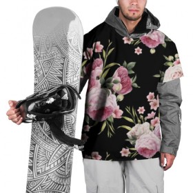 Накидка на куртку 3D с принтом Пионы на Чёрном , 100% полиэстер |  | букет | бутон | весна | красивый | лето | листья | пион | прекрасный | роза | розочка | цветок | цветы