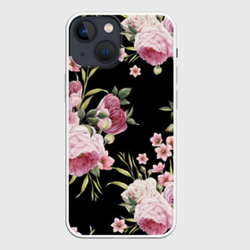 Чехол для iPhone 13 mini с принтом Пионы на Чёрном ,  |  | букет | бутон | весна | красивый | лето | листья | пион | прекрасный | роза | розочка | цветок | цветы