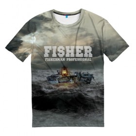 Мужская футболка 3D с принтом Профессиональный рыбак , 100% полиэфир | прямой крой, круглый вырез горловины, длина до линии бедер | fish | fisher | fisherman | fishman | анорак | костюм для рыбалки | костюм рыбака | лодка | непогода | подарок рыбаку | профессиональный рыбак | рыба | рыбаку | рыбалка | рыбацкая | шторм | шхуна