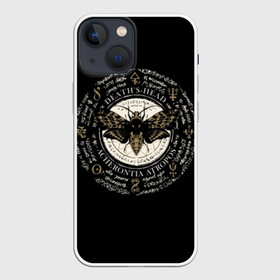 Чехол для iPhone 13 mini с принтом Бабочка Мертвая голова ,  |  | background | black | butterfly | dead | drawing | fashion | graphics | head | illustration | mysticis | pentagram | picture | signs | spell | style | symbols | бабочка | голова | графика | заклинание | знаки | иллюстрация | картинка | мертвая | мистика | 