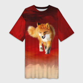 Платье-футболка 3D с принтом Огненная Лиса ,  |  | fire fox | firefox | fox | fox say | ylvis   the fox | главное фыр | кицунэ | лиза | лиса | лисичка | мемасики | мемы | огонь | фыр фыр | хитрая лиса | я хочу фырфыр