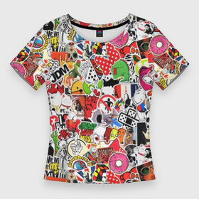 Женская футболка 3D Slim с принтом Sticker Bombing ,  |  | supreme | бантик | газировка | деньги | диски | кола | кости | кубик рубика | мода | молодежный | музыка | мульт | наклейка | остороно | пончики | стикер | суприм | тренд | уточка | хаос | череп