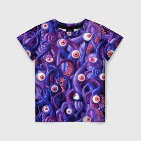 Детская футболка 3D с принтом Щупальца с глазами , 100% гипоаллергенный полиэфир | прямой крой, круглый вырез горловины, длина до линии бедер, чуть спущенное плечо, ткань немного тянется | Тематика изображения на принте: aliens | backgro | blue | cartoons | children | eyes | fashion | funny | monsters | purple | scary | style | весёлые | глаза | графика | детский | иллюстрация | инопланетяне | картинка | красные | мода | орнамент | персонажи | пришельцы | рисунок
