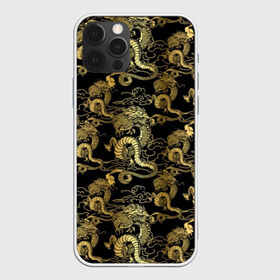 Чехол для iPhone 12 Pro Max с принтом Золотые драконы , Силикон |  | animals | asia | background | black | dragons | fashion | fire | gold | illustration | pattern | pictu | predators | style | symbol | азия | графика | грива | драконы | животные | золото | золотые | иллюстрация | картинка | китай | мода | огонь | орнамент