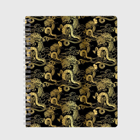 Тетрадь с принтом Золотые драконы , 100% бумага | 48 листов, плотность листов — 60 г/м2, плотность картонной обложки — 250 г/м2. Листы скреплены сбоку удобной пружинной спиралью. Уголки страниц и обложки скругленные. Цвет линий — светло-серый
 | Тематика изображения на принте: animals | asia | background | black | dragons | fashion | fire | gold | illustration | pattern | pictu | predators | style | symbol | азия | графика | грива | драконы | животные | золото | золотые | иллюстрация | картинка | китай | мода | огонь | орнамент