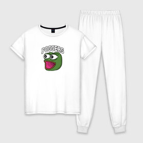 Женская пижама хлопок с принтом Pepe , 100% хлопок | брюки и футболка прямого кроя, без карманов, на брюках мягкая резинка на поясе и по низу штанин | bad | dab | frog | good | kek | make pepe great again | pepe | sad | sad frog | vote for pepe | кек | лягушка | мем | мемы | пепе | со смыслом | фрог
