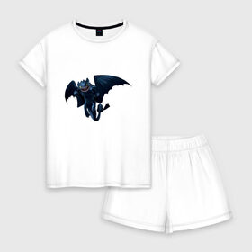 Женская пижама с шортиками хлопок с принтом ночная фурия , 100% хлопок | футболка прямого кроя, шорты свободные с широкой мягкой резинкой | how to train your dragon | night fury | беззубик | дракон | как приручить дракона | ночная фурия