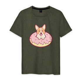 Мужская футболка хлопок с принтом Корги Пончик , 100% хлопок | прямой крой, круглый вырез горловины, длина до линии бедер, слегка спущенное плечо. | Тематика изображения на принте: dog | donut | kawaii | вкусняшка | выпечка | еда | лапочка | милый | мимими | пес | песик | сладкий | собака | щенок