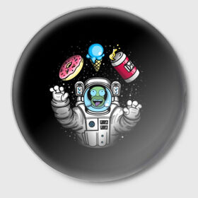 Значок с принтом Гомер в космосе ,  металл | круглая форма, металлическая застежка в виде булавки | bart | homer | lisa | simpsons | space | барт | гомер | космос | пончик | симпсоны