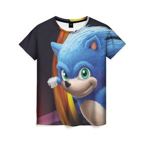 Женская футболка 3D с принтом Sonic , 100% полиэфир ( синтетическое хлопкоподобное полотно) | прямой крой, круглый вырез горловины, длина до линии бедер | blue | hedgehog | movie | sonic | ёжик | синий | соник | фильм