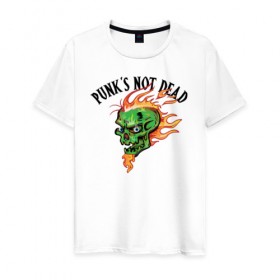 Мужская футболка хлопок с принтом Punk`s not dead , 100% хлопок | прямой крой, круглый вырез горловины, длина до линии бедер, слегка спущенное плечо. | Тематика изображения на принте: beard | cool | creative | death | design | eyes | fire | flame | green | hype | music | punk | skull | vanguard | авангард | борода | глаза | дизайн | зеленый | креатив | круто | музыка | огонь | панк | пламя | хайп | череп