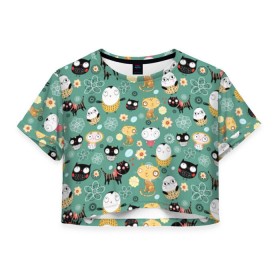 Женская футболка Cropp-top с принтом Совы и котики , 100% полиэстер | круглая горловина, длина футболки до линии талии, рукава с отворотами | детский | животные | кот | котенок | котики | кошки | малыши | милые | пингвин | ромашки | совенок | совы | узоры | цветочки