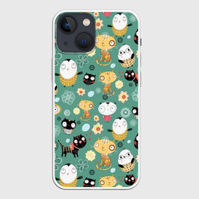 Чехол для iPhone 13 mini с принтом Совы и котики ,  |  | детский | животные | кот | котенок | котики | кошки | малыши | милые | пингвин | ромашки | совенок | совы | узоры | цветочки