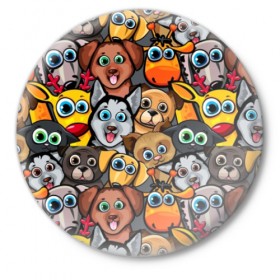 Значок с принтом Веселые собаки ,  металл | круглая форма, металлическая застежка в виде булавки | бульдог | голубые глаза | доберман | животные | жирафы | котики | милые | олени | разноцветные | собаки | хаски | яркие