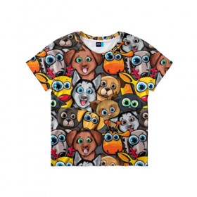 Детская футболка 3D с принтом Веселые собаки , 100% гипоаллергенный полиэфир | прямой крой, круглый вырез горловины, длина до линии бедер, чуть спущенное плечо, ткань немного тянется | Тематика изображения на принте: бульдог | голубые глаза | доберман | животные | жирафы | котики | милые | олени | разноцветные | собаки | хаски | яркие