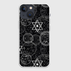 Чехол для iPhone 13 mini с принтом Мистический узор ,  |  | background | black | circles | david | drawing | fashion | graphics | halloween | illustration | mystical | ornament | pattern | picture | star | style | symbols | графика | звезда | иллюстрация | картинка | круги | мистический | мода | оккульт | орнамент