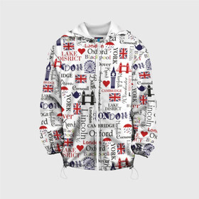 Детская куртка 3D с принтом Лондон , 100% полиэстер | застежка — молния, подол и капюшон оформлены резинкой с фиксаторами, по бокам — два кармана без застежек, один потайной карман на груди, плотность верхнего слоя — 90 г/м2; плотность флисового подклада — 260 г/м2 | Тематика изображения на принте: cambridge | england | fashion | london | style | tea | uk | umbr | англия | башня | белый | великобритания | город | графика | дизайн | дождь | зонт | картинка | кембридж | колесо | красный | лондон | мода | мост | надпись
