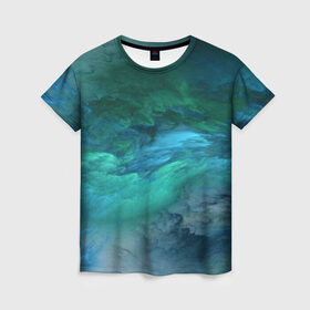 Женская футболка 3D с принтом Изумрудные Облака , 100% полиэфир ( синтетическое хлопкоподобное полотно) | прямой крой, круглый вырез горловины, длина до линии бедер | abstraction | абстракция | голубые | живопись | искусство | космос | краска | краски | облако | пар | природа | смешение красок | созвездие | стихия | туман | туманность