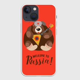 Чехол для iPhone 13 mini с принтом Welcome to Russia ,  |  | animal | balalaika | bear | great | hat | musical | play | power | predator | russia | russian | star | welcome | wild | балалайка | валенки | великая | д | дикий | добро | животное | звезда | играет | инструмент | медведь | музыкальный | надпись | пожало