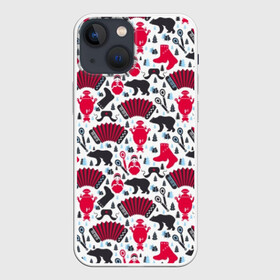 Чехол для iPhone 13 mini с принтом Русский орнамент ,  |  | animal | bear | hat | instrument | matryoshka | musical | ornament | pattern | russia | russian | star | symbol | trees | wild | wooden | гармонь | деревья | деревя | дикий | ёлки | животное | звезда | инструмент | матрешка | медведь | музыкальный | орнам