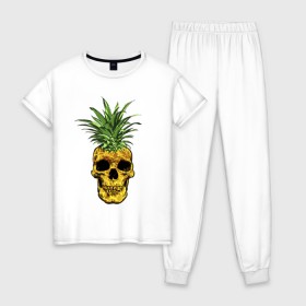 Женская пижама хлопок с принтом Ананас , 100% хлопок | брюки и футболка прямого кроя, без карманов, на брюках мягкая резинка на поясе и по низу штанин | cool | creative | design | fruit | green | hype | new york | pineapple | skull | summer | supreme | vanguard | vegan | авангард | ананас | дизайн | зеленый | креатив | круто | лето | фрукт | хайп | череп