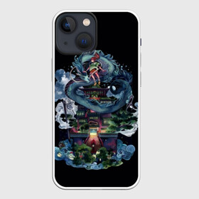 Чехол для iPhone 13 mini с принтом Тихиро и Хаку в полете над замком ,  |  | аниме | безликий | сэн и таинственное исчезновение тихиро | унесённые призраками | хаку | хаяо миядзаки