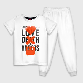 Детская пижама хлопок с принтом LOVE DEATH + ROBOTS , 100% хлопок |  брюки и футболка прямого кроя, без карманов, на брюках мягкая резинка на поясе и по низу штанин
 | death | love death + robots | netflix | robots | любовь | нетфликс | роботы | сериал