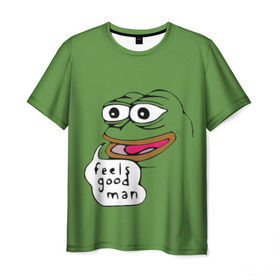 Мужская футболка 3D с принтом Feels Good Man , 100% полиэфир | прямой крой, круглый вырез горловины, длина до линии бедер | pepe | pepe frog | зеленая лягушка | лягушка | пепе