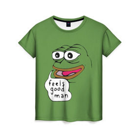 Женская футболка 3D с принтом Feels Good Man , 100% полиэфир ( синтетическое хлопкоподобное полотно) | прямой крой, круглый вырез горловины, длина до линии бедер | pepe | pepe frog | зеленая лягушка | лягушка | пепе