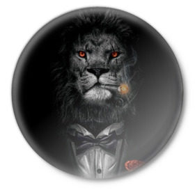 Значок с принтом Лев в смокинге ,  металл | круглая форма, металлическая застежка в виде булавки | бабочка | грива | грозный | лев | роза | серьезный | хищник | царь | церь зверей