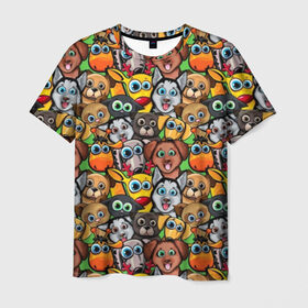 Мужская футболка 3D с принтом Веселые собачки , 100% полиэфир | прямой крой, круглый вырез горловины, длина до линии бедер | Тематика изображения на принте: бульдог | голубые глаза | доберман | животные | жирафы | котики | милые | олени | разноцветные | собаки | хаски | яркие