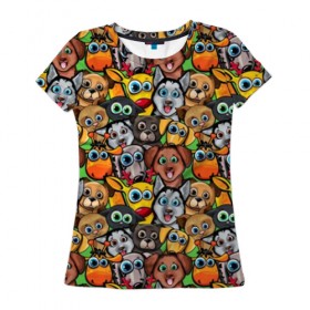 Женская футболка 3D с принтом Веселые собачки , 100% полиэфир ( синтетическое хлопкоподобное полотно) | прямой крой, круглый вырез горловины, длина до линии бедер | бульдог | голубые глаза | доберман | животные | жирафы | котики | милые | олени | разноцветные | собаки | хаски | яркие