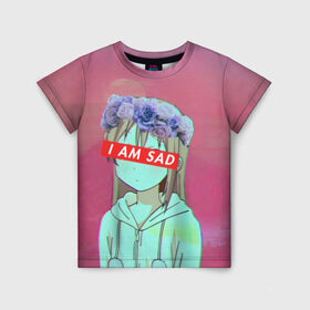 Детская футболка 3D с принтом Sadness , 100% гипоаллергенный полиэфир | прямой крой, круглый вырез горловины, длина до линии бедер, чуть спущенное плечо, ткань немного тянется | anime | cartoon | girl | girls | sad | sadness | trend | vaporwave | аниме | грусть | девушки | мультики | мультфильмы | тренды