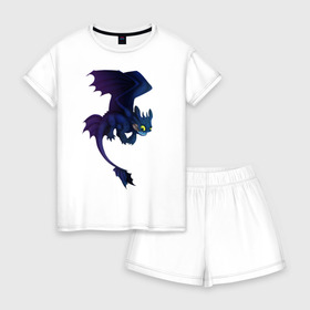 Женская пижама с шортиками хлопок с принтом ночная фурия , 100% хлопок | футболка прямого кроя, шорты свободные с широкой мягкой резинкой | how to train your dragon | night fury | беззубик | дракон | как приручить дракона | ночная фурия