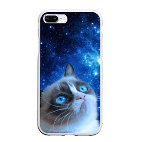 Чехол для iPhone 7Plus/8 Plus матовый с принтом Сердитый кот в космосе , Силикон | Область печати: задняя сторона чехла, без боковых панелей | grumpy cat | космос | кот | кот в космосе | кот мем | кошка | кошка мем | мем кот | сердитый кот | синий кот