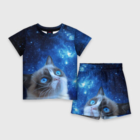Детский костюм с шортами 3D с принтом Сердитый кот в космосе ,  |  | grumpy cat | космос | кот | кот в космосе | кот мем | кошка | кошка мем | мем кот | сердитый кот | синий кот