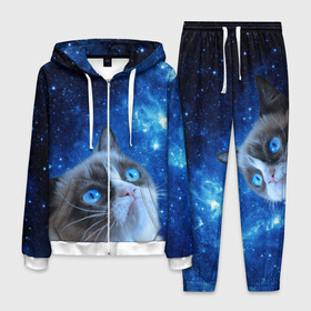 Мужской костюм 3D с принтом Сердитый кот в космосе , 100% полиэстер | Манжеты и пояс оформлены тканевой резинкой, двухслойный капюшон со шнурком для регулировки, карманы спереди | grumpy cat | космос | кот | кот в космосе | кот мем | кошка | кошка мем | мем кот | сердитый кот | синий кот