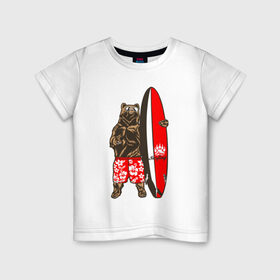 Детская футболка хлопок с принтом Медведь Серфер , 100% хлопок | круглый вырез горловины, полуприлегающий силуэт, длина до линии бедер | Тематика изображения на принте: bear | surf | surfing | летние | лето | медведи | медведь | серфер | серфинг
