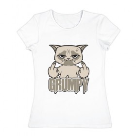 Женская футболка хлопок с принтом Grumpy Cat , 100% хлопок | прямой крой, круглый вырез горловины, длина до линии бедер, слегка спущенное плечо | 