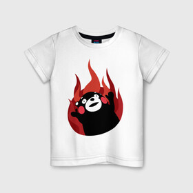 Детская футболка хлопок с принтом Kumamon поджигает , 100% хлопок | круглый вырез горловины, полуприлегающий силуэт, длина до линии бедер | Тематика изображения на принте: fire | for | glory | hell | japan | of course | ofc | satan | the | иероглифы | кумамон | медведь | огонь | пожар | япония